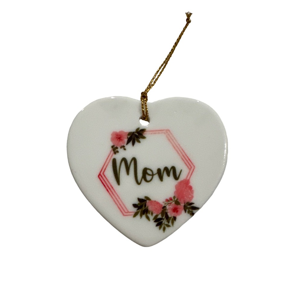 White Ceramic Heart “Mom” Floral Hanging Ornament Gift Keepsake